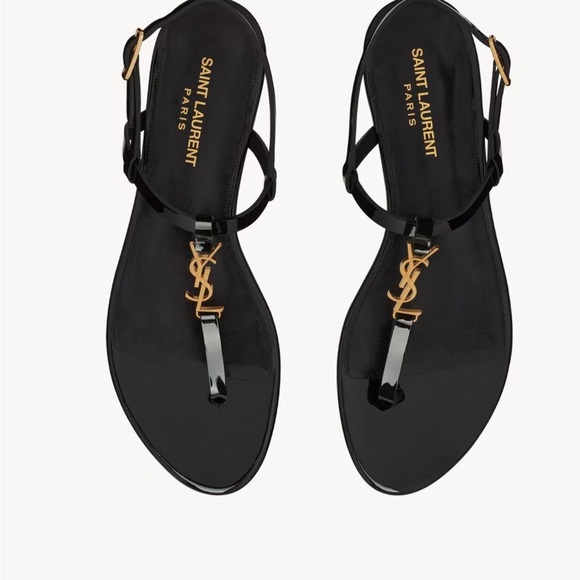Saint Laurent Black T-Strap Sandals with YSL Logo - Picture 1 of 10